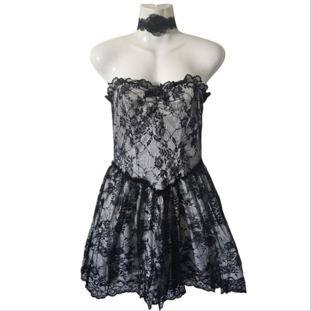 Dolls Kill Widow Take Caution Black Floral Lace Strapless Mini Dress with Choker